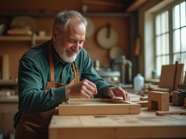 Our founder, Michael O'Connell, in his workshop, meticulously examining a bespoke kitchen cabinet. The space showcases traditional tools alongside modern machinery, bathed in warm, inviting light.