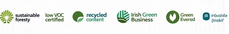 Logos of various sustainability certifications and eco-friendly partnerships, possibly Irish green industry badges.