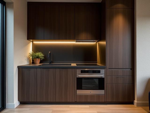 Dublin City Loft Kitchen: Sleek urban kitchen with dark wood accents and integrated appliances.