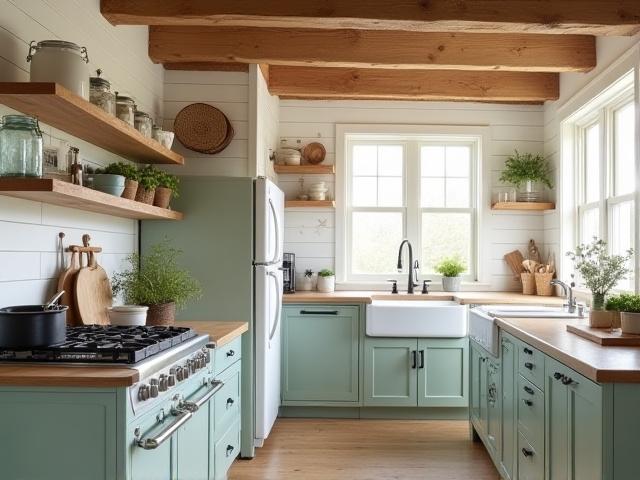 Cozy farmhouse kitchen with rustic wooden beams, white shiplap walls, and vintage-style appliances
