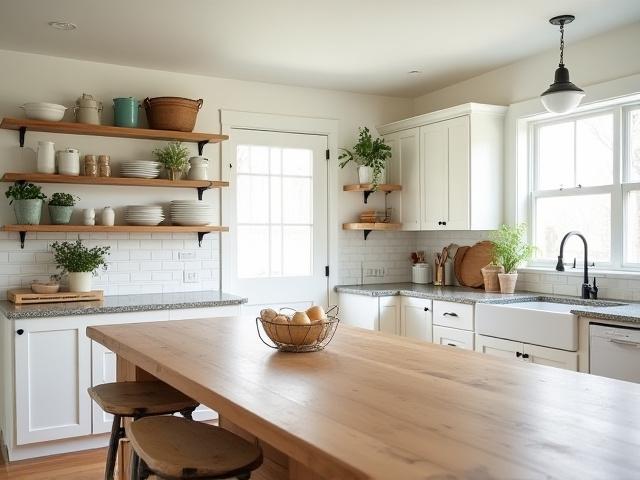 Bright and airy farmhouse kitchen with white subway tile backsplash, open shelving, and a large wooden dining table