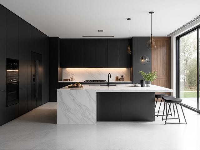 Sleek, minimalist modern kitchen with dark cabinetry and a large island and marble countertops