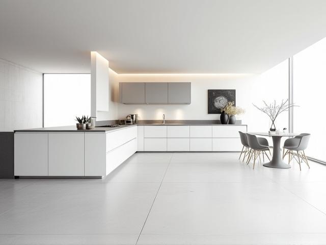 Open-plan modern kitchen with sleek handleless units, integrated appliances, and a polished concrete floor