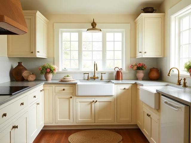 Classic traditional kitchen with cream shaker cabinets, wood accents, and a large farmhouse sink