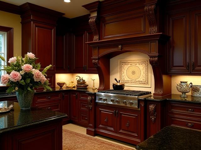 Elegant traditional kitchen featuring dark wood cabinetry, an ornate range hood, and granite countertops