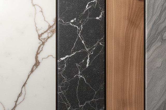 A selection of countertop materials including Quartz, Granite, and polished wood samples.
